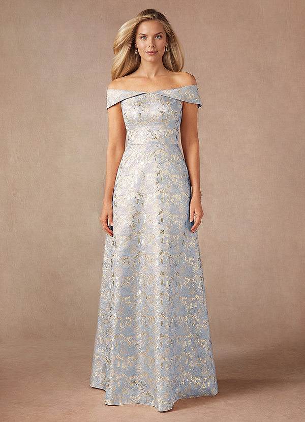 Azazie Maria Robe Mère de la Mariée & du Marié Robe Trapèze en Jacquard Épaule décolletée Bleu Poussiéreux image1