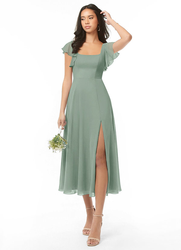 Azazie Bondi Brautjungfernkleider A-Linie Gestreift Chiffon Kleid Silberner Salbei image1