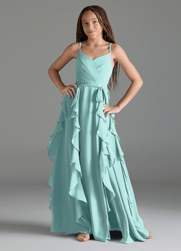 Azazie Peyton Junior Vestido de Aqua de Gasa de Corte En A con Volantes en cascada Cuello en V image1