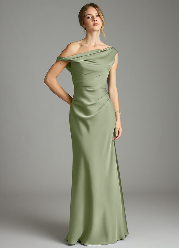 Azazie Emerson Brautjungfernkleider Meerjungfrau-Linie Schulterfrei Stretch-Satin Kleid Pistazie image1