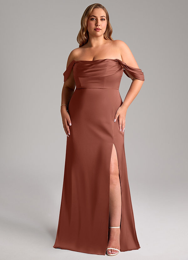 Azazie Saige Bridesmaid Dresses Auburn Sheath Off the Shoulder Stretch Satin Dress image1