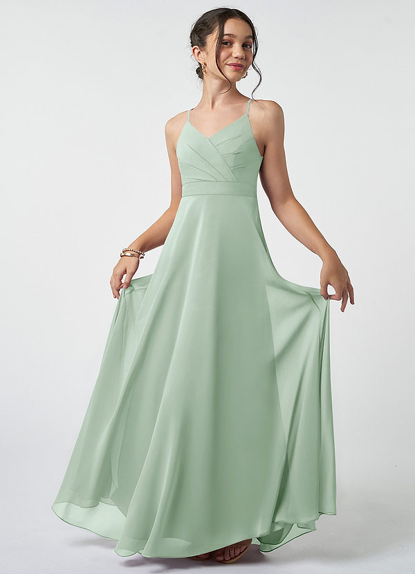 Azazie Avelina Junior Agave A-Line Pleated Chiffon Dress image1