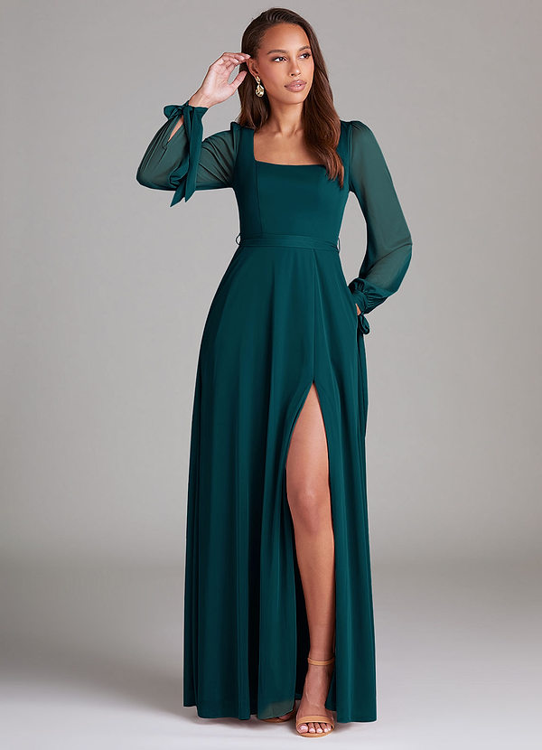 Azazie Leonia Brautjungfernkleider A-Linie Langarm Gittergewebe Kleid Kiefer image1