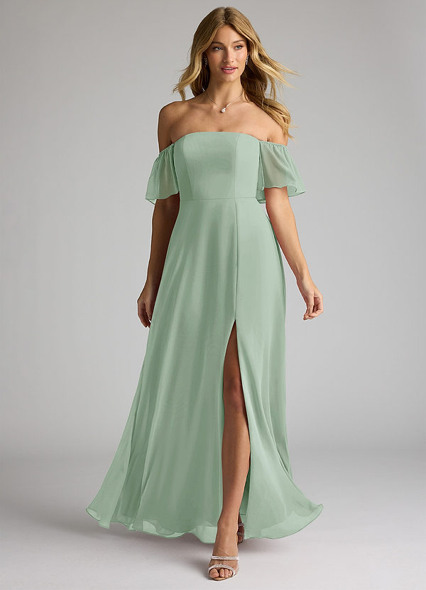 Azazie Sue Robes Demoiselle d'honneur Robe Trapèze Convertible en Mousseline de soie Épaule décolletée Agave image1