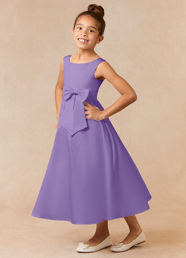 Azazie Lindy Flower Girl Dresses Tahiti A-Line Pleated Matte Satin Dress image1