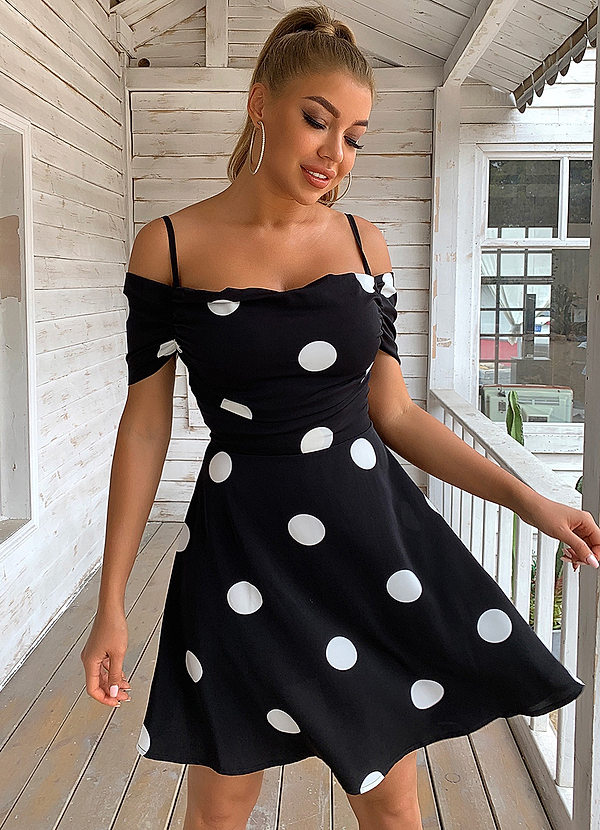 off shoulder polka dot dress