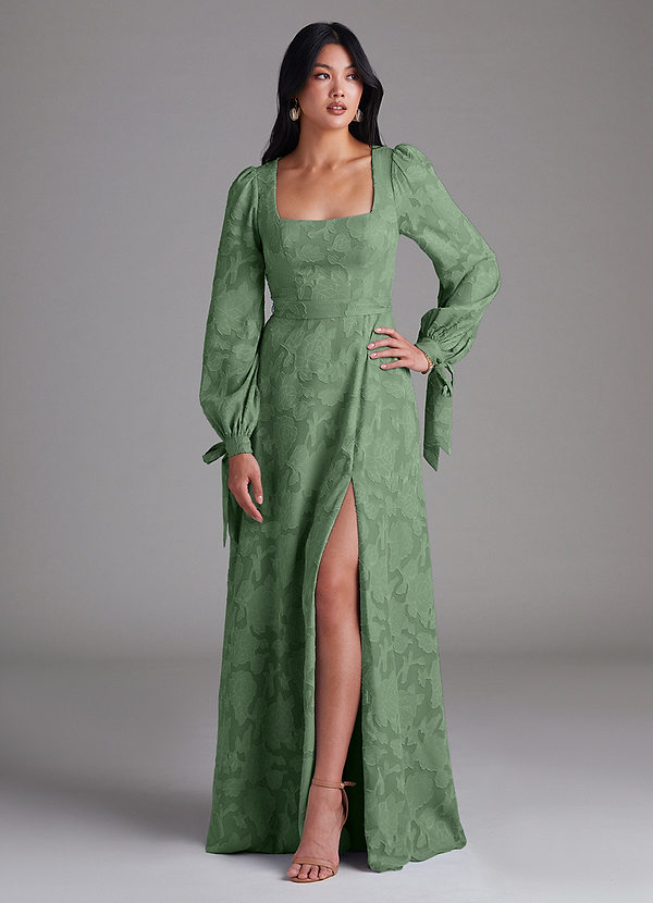 Azazie Leonia Brautjungfernkleider A-Linie Langarm Blumen-Burnout Kleid Eukalyptus image1