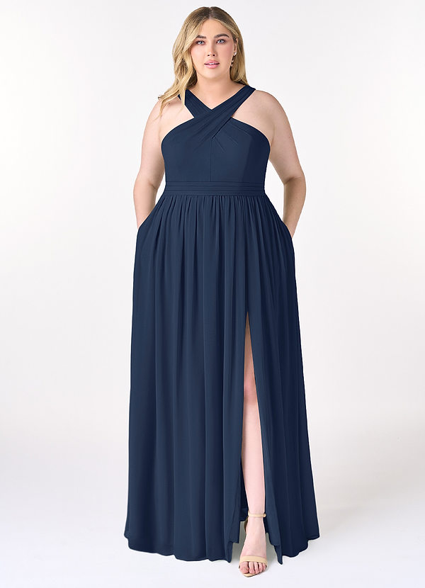 Azazie Elvira Bridesmaid Dresses Dark Navy A-Line Pleated Chiffon Dress image1