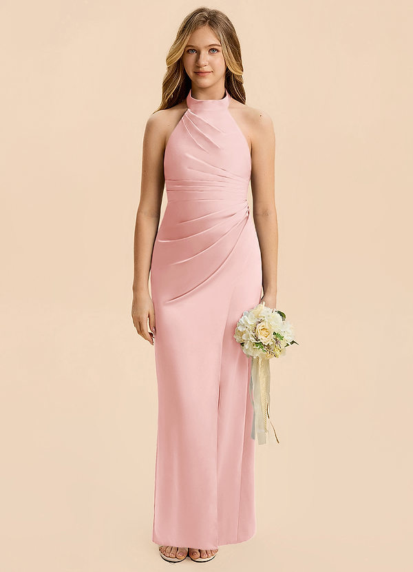 Azazie Jemma Junior Powder Pink Sheath Ruched Stretch Satin Dress image1
