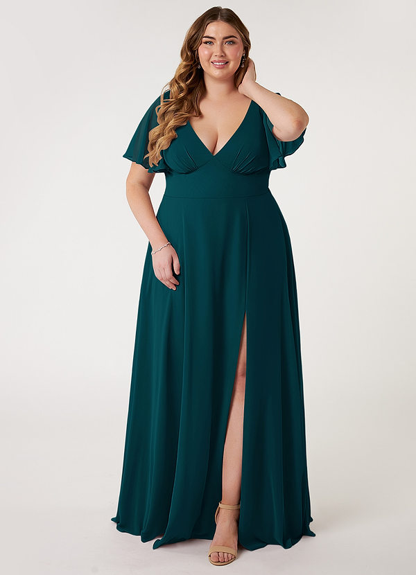 Azazie Kimber Bridesmaid Dresses Pine A-Line Flounce Sleeve Chiffon Dress image1
