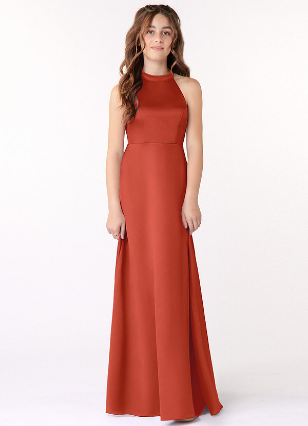 Azazie Laurel Junior Rust A-Line Stretch Satin Dress image1