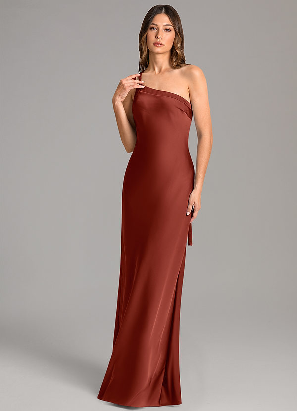 Azazie Monroe Brudtärneklänningar Klä av Sjöjungfru i Stretch Satin Ena axeln Terrakotta image1