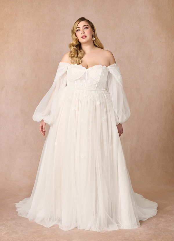 Azazie Airellie Wedding Dresses Diamond White Champagne A-Line Off the Shoulder Tulle Dress image1