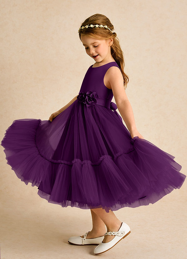 Azazie Miracle Vestidos de Niña de Flores Vestido de Uva de Satin Mate de Corte En A con Lazo image1