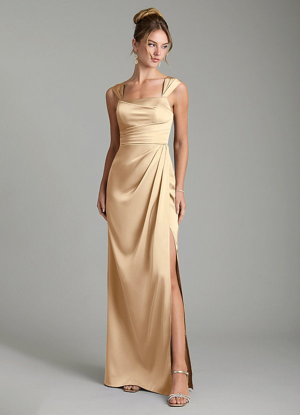 Azazie Filippa Bridesmaid Dresses Champagne A-Line Pleated Stretch Satin Dress image1