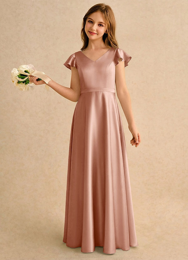 Azazie Nari Girls Formal Vestidos de Niña de Flores Vestido de Oro Rosa de Satén Elástico de Corte en A con Con mangas image1