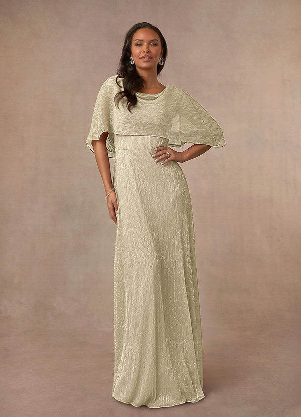 Azazie Loretta Mother of the Brides Dresses Champagne Gold A-Line Cowl Cape Metallic Mesh Dress image1