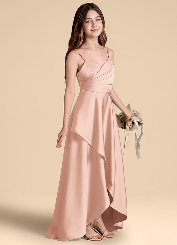 Azazie Prisha Junior Rose Gold A-Line Pleated Stretch Satin Dress image1