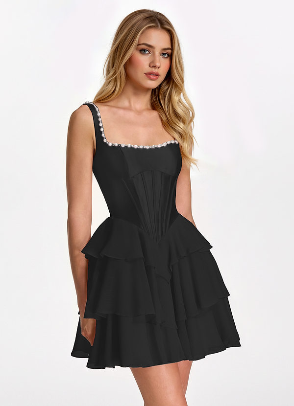 Vivianetta Black A-Line Pearl Corset Ruffle Mini Dress image1