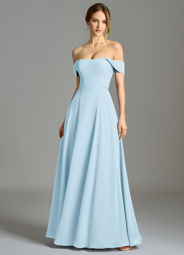 Azazie Oasis 신부 들러리 드레스 A라인 포켓이 있는 쉬폰 바닥 길이 드레스 image1