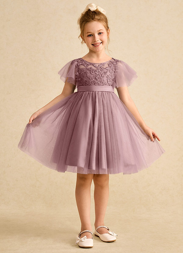 Azazie Queenie Robes de Fillette d'Honneur Robe Trapèze en Dentelle Rose Poussiéreuse image1