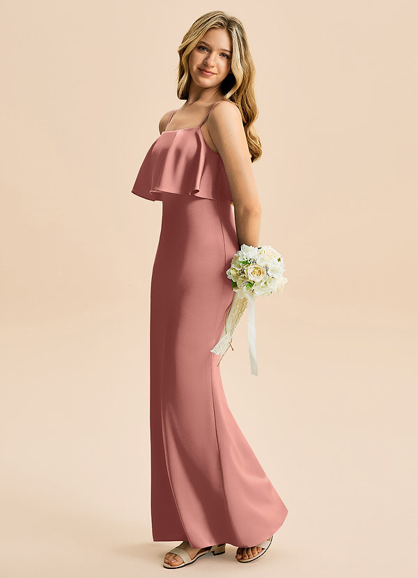 Azazie Galene Junior Mrenneito Joustava satiini Lattian pituus Nuorempi morsiusneito Pukeutua image1