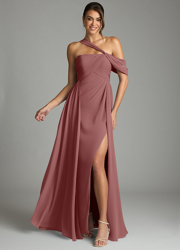 Azazie Kassandra 신부 들러리 드레스 A라인 오프 더 숄더 쉬폰 바닥 길이 드레스 image1