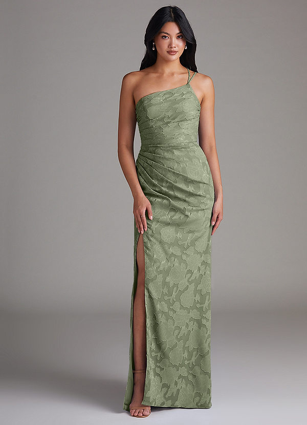 Azazie Eren Bridesmaid Dresses Pistachio Sheath One Shoulder Floral Burnout Dress image1