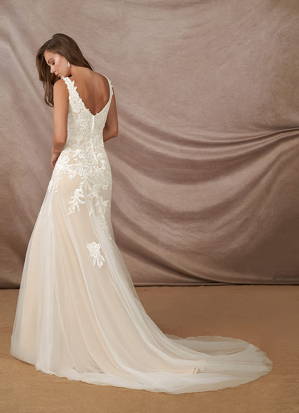 Azazie Bess Diamond White Champagne Sheath Sequins Tulle Dress