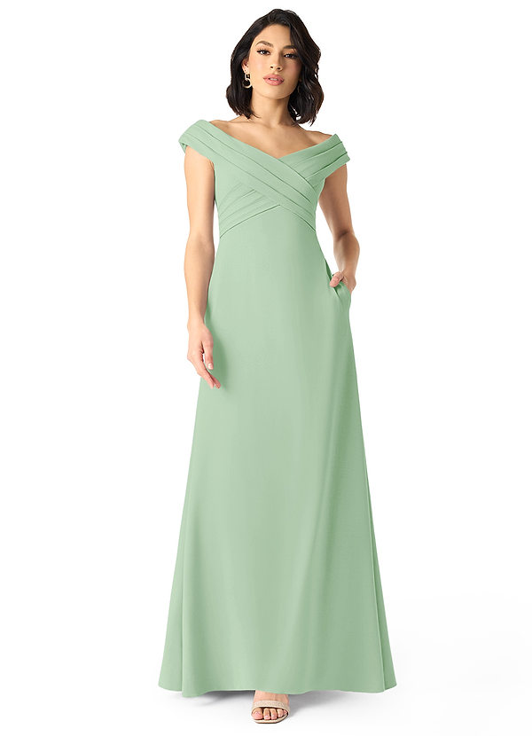Azazie Evita Robes Demoiselle d'honneur Robe Trapèze en Crêpe Élastique Épaule décolletée Vert Sauge image1