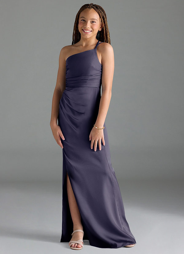 Azazie Eren Junior Stormy Sheath Pleated Stretch Satin Dress image1