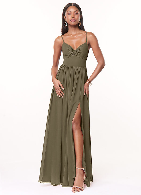 Azazie Zeya Bridesmaid Dresses Willow Green A-Line V-Neck Pleated Chiffon Dress image1