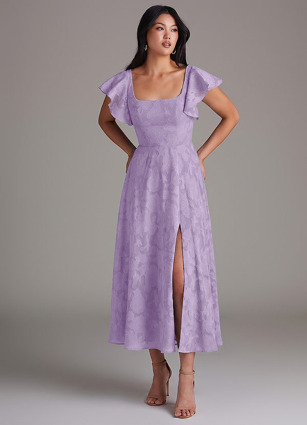 Azazie Bondi Bridesmaid Dresses Lilac A-Line Ruched Floral Burnout Dress image1