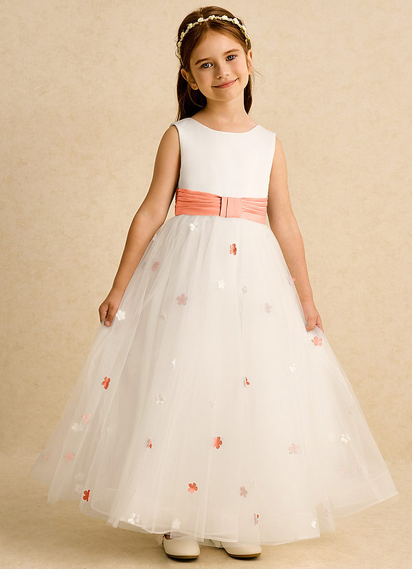 Azazie Cricket Flower Girl Dresses Ivory Sunset Ball-Gown Pleated Matte Satin Dress image1