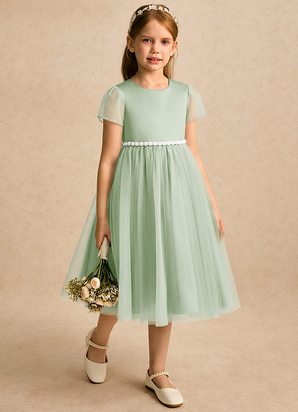 Azazie Kaylor Flower Girl Dresses Dusty Sage A-Line Pleated Tulle Dress image1