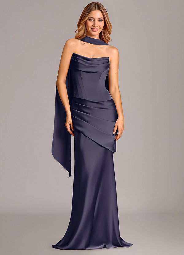 Azazie Pelagia 신부 들러리 드레스 인어 코르셋 스트레치 새틴 바닥 길이 드레스 image1