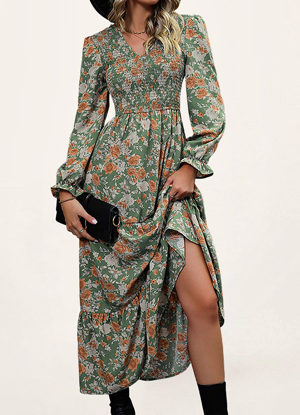 front Ashburn Green Floral Print Long Sleeve Midi Dress