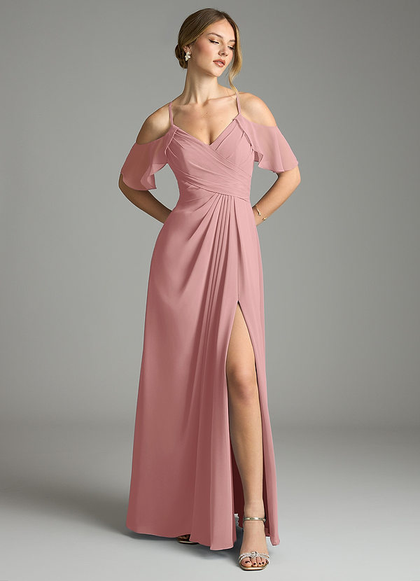 Azazie Dakota Bridesmaid Dresses Dusty Rose A-Line V-Neck Pleated Chiffon Dress image1