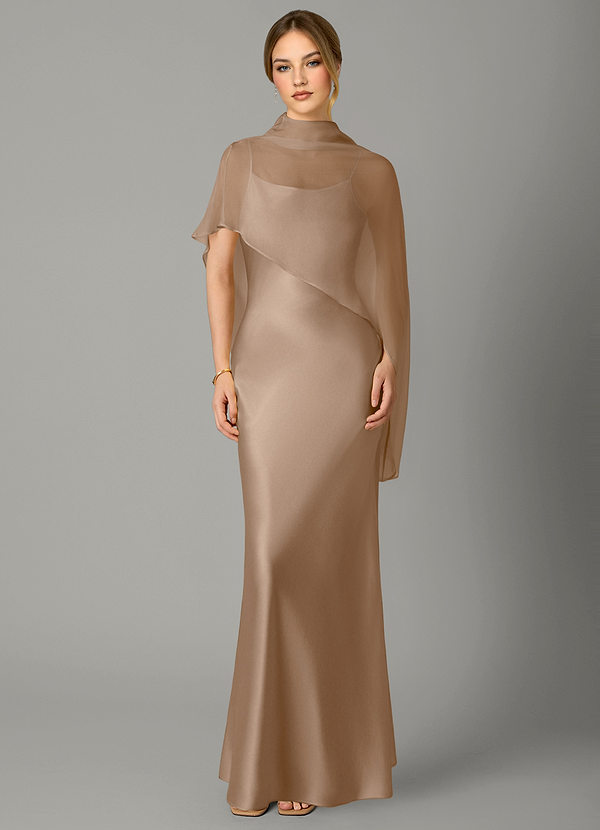 Azazie Jaleesa Bridesmaid Dresses Taupe A-Line High Neck Stretch Satin Dress image1