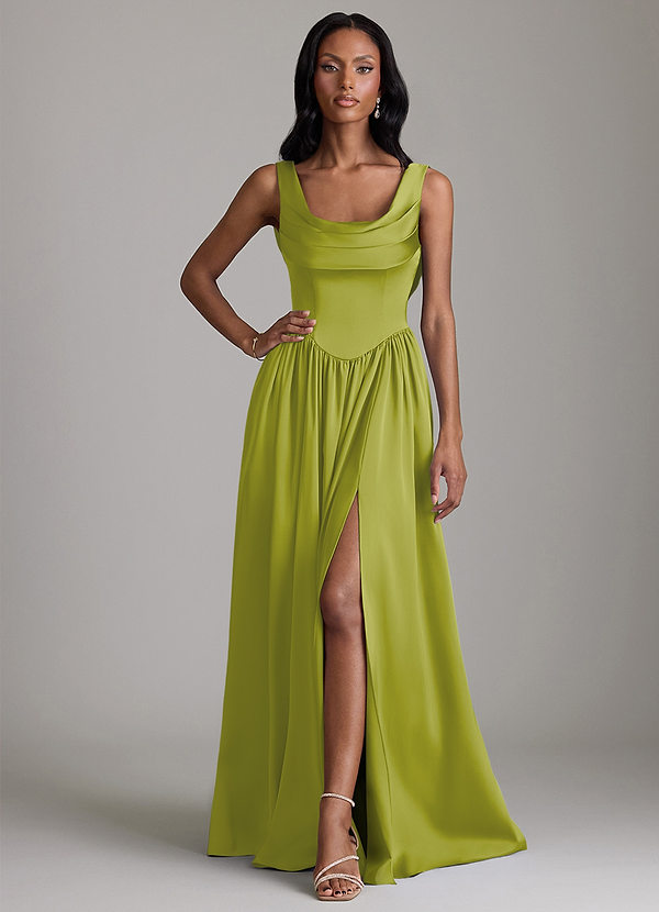 Azazie Novi Bridesmaid Dresses Lemongrass A-Line with Pockets Stretch Satin Dress image1