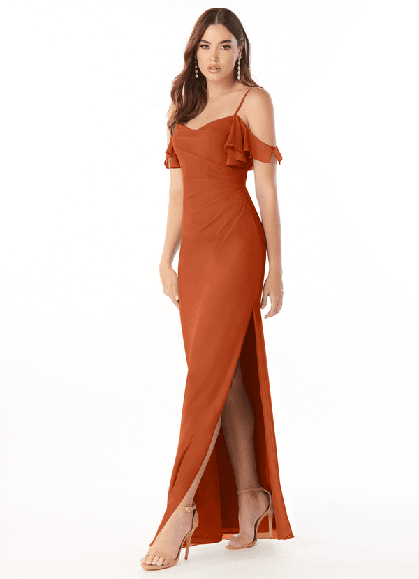 Azazie Emeralda Bridesmaid Dresses Burnt Orange Sheath Off the Shoulder Chiffon Dress image1