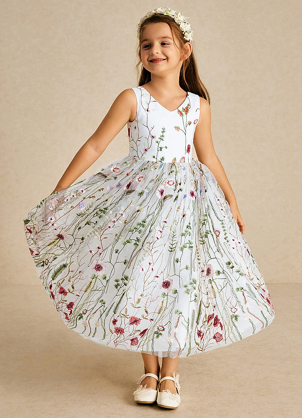 Azazie Arianna Flower Girl Dresses Diamond White A-Line Lace Tulle Dress image1