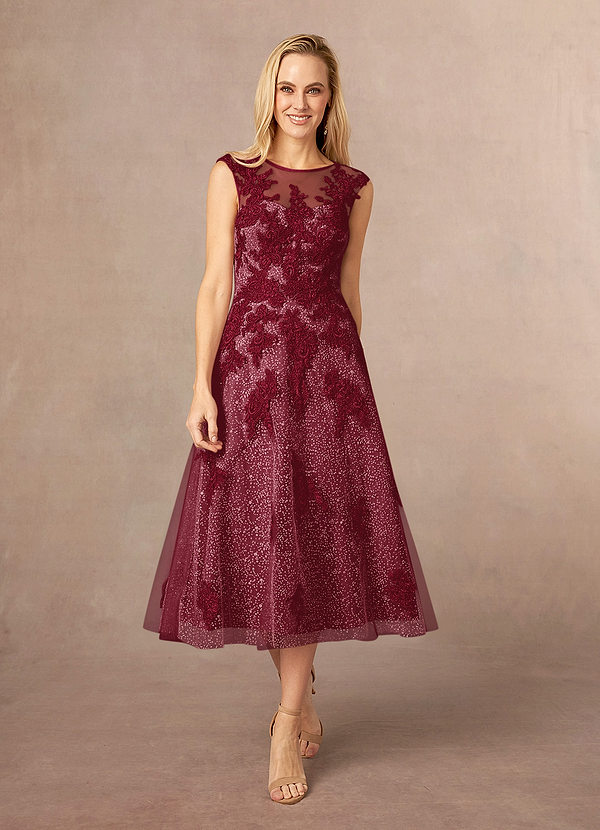 Azazie Flynn Mother of the Bride Dresses Burgundy A-Line Boatneck Lace Tulle Dress image1