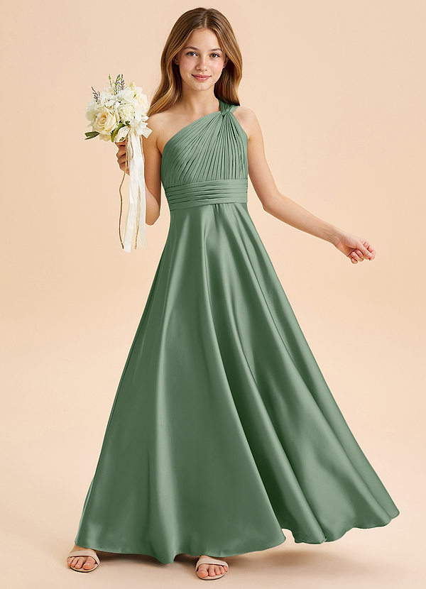 Azazie Charlize Junior Abito A-Line in Raso Elasticizzato Plissettato Matcha image1