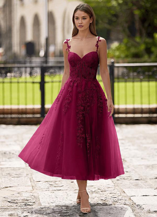 Zosia Burgundy Lace A-line Lace Up Back Midi Dress image1