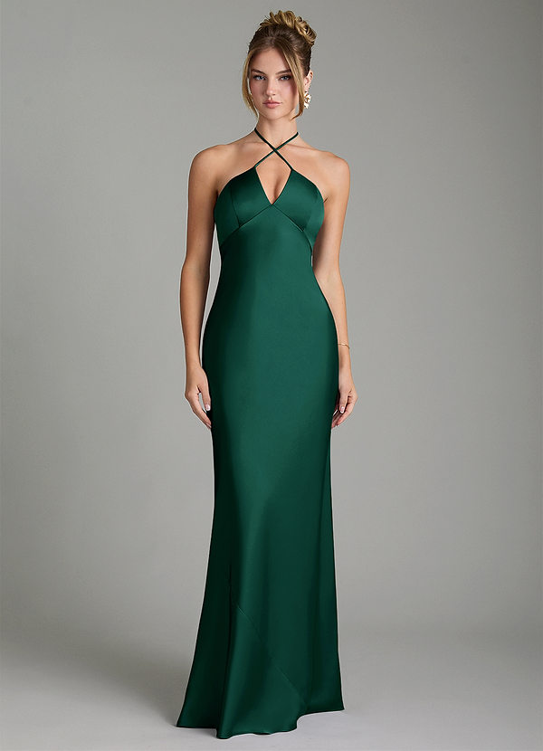 Azazie Camille Bridesmaid Dresses Emerald Sheath Side Slit Stretch Satin Dress image1