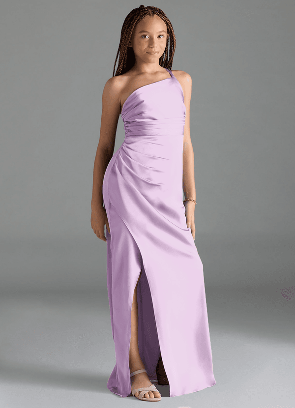 Azazie Eren Junior Frosted Lilac Sheath Pleated Stretch Satin Dress image1
