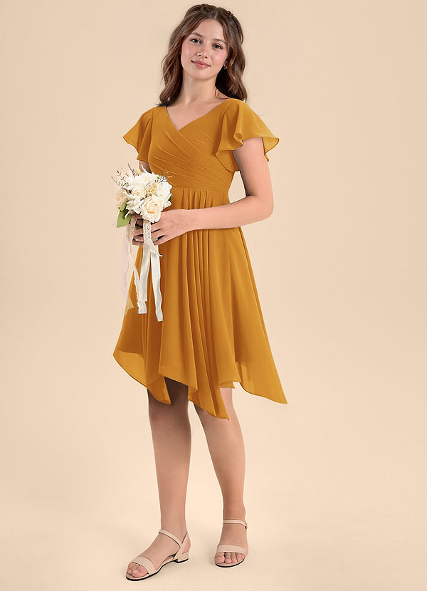 Azazie Janeaurelia Junior Butterscotch A-Line Pleated Chiffon Dress image1