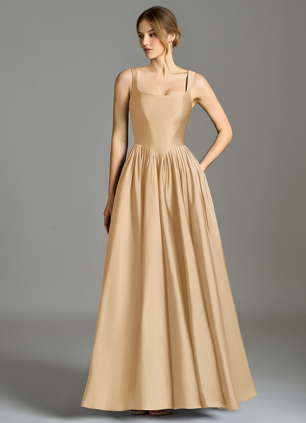 Azazie Verina Bridesmaid Dresses Gold A-Line Pleated Stretch Satin Dress image1