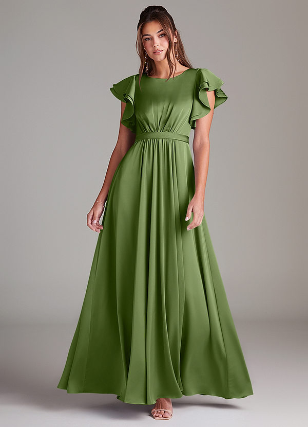 Azazie Daphne Modest Bridesmaid Dresses A-Line Ruched Stretch Satin Floor-Length Dress image1
